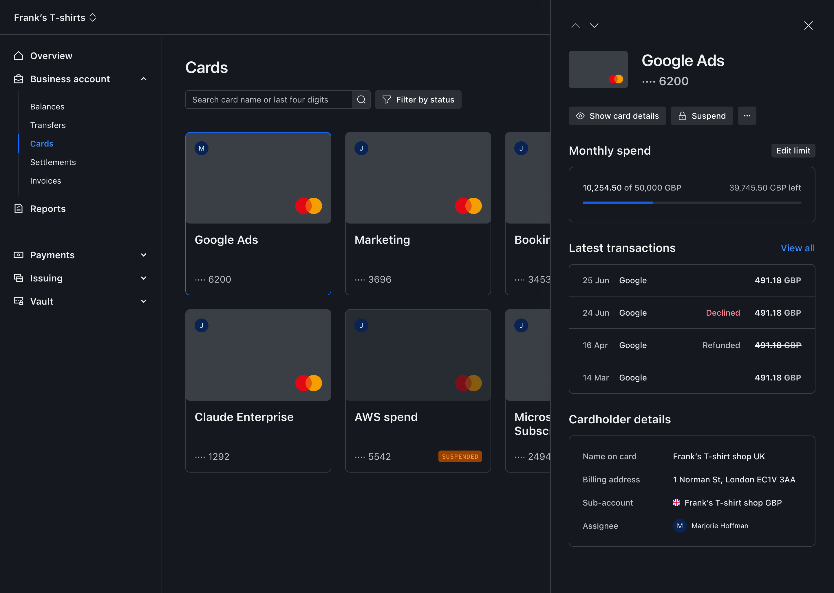 Card detail drawer – Dark mode