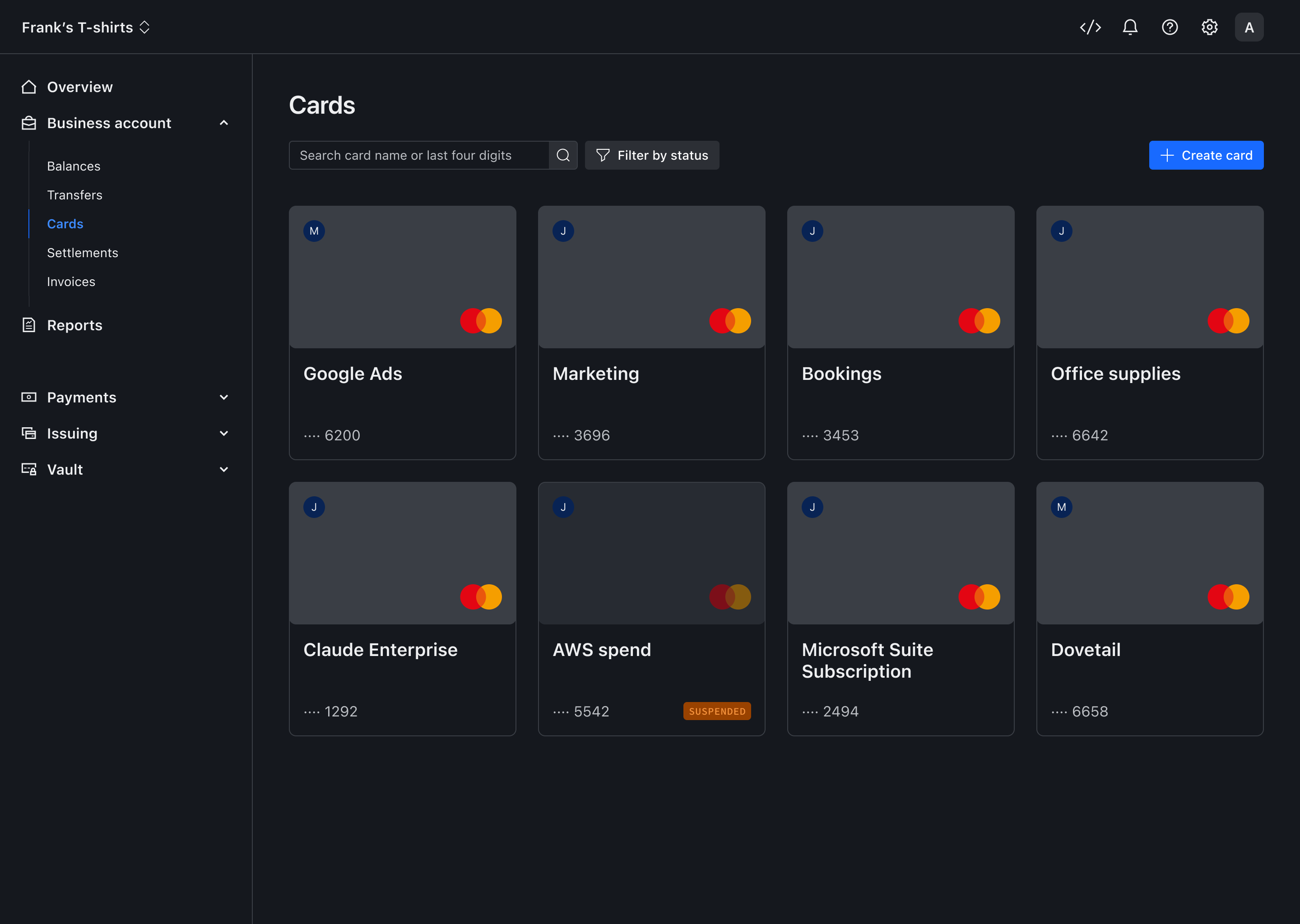 Cards overview – Dark mode