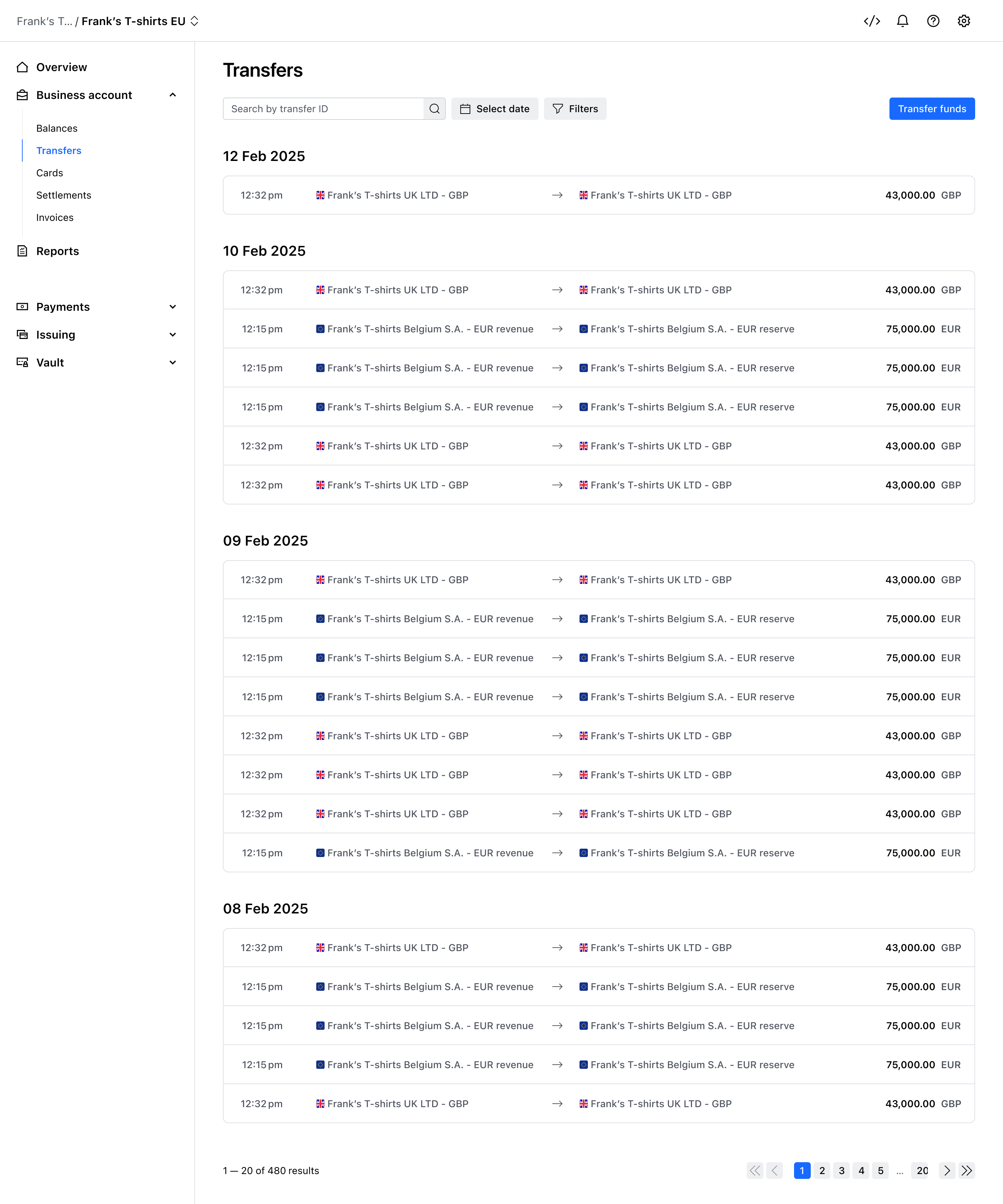 Transfer activity view – Light mode