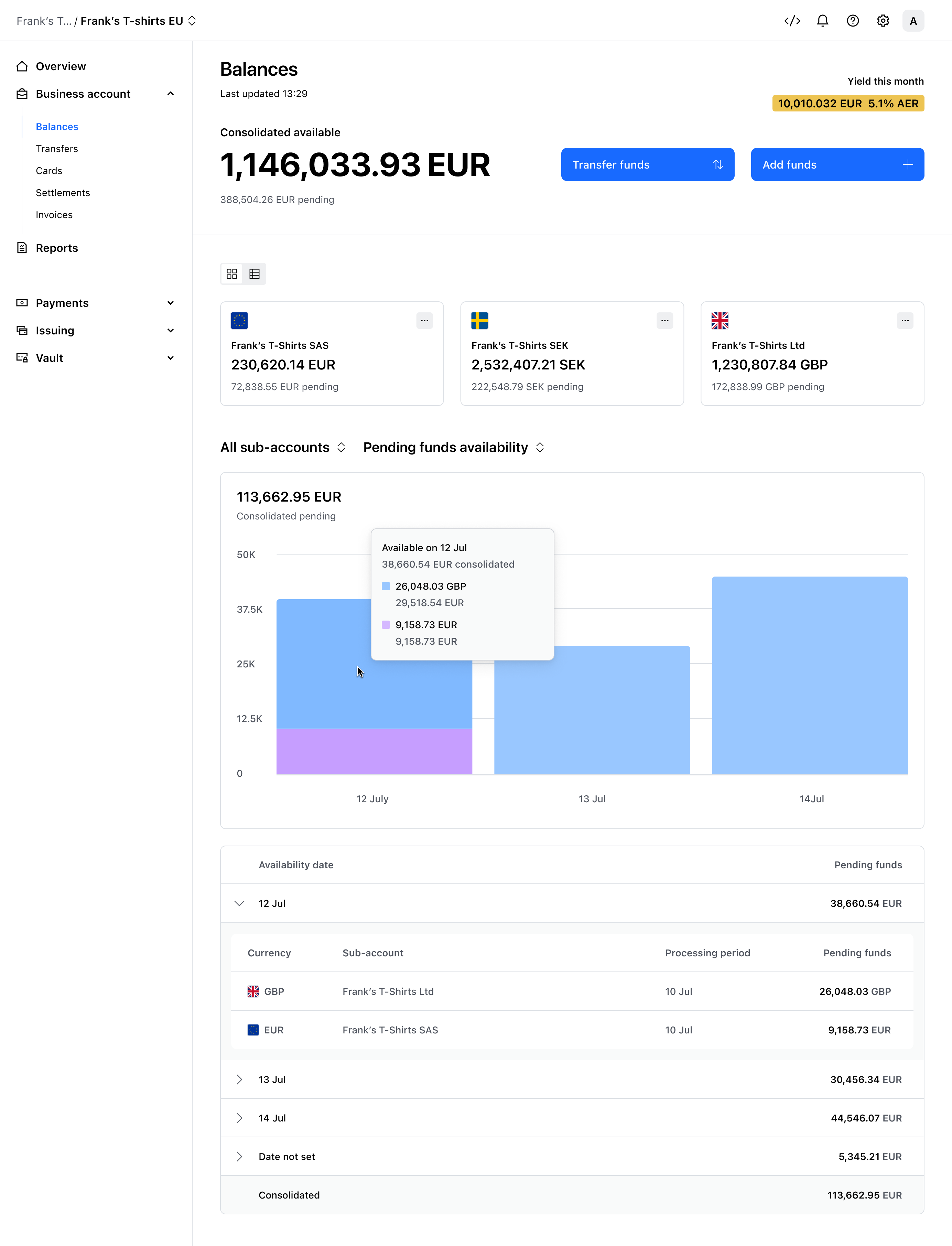 Pending funds availability view – Light mode