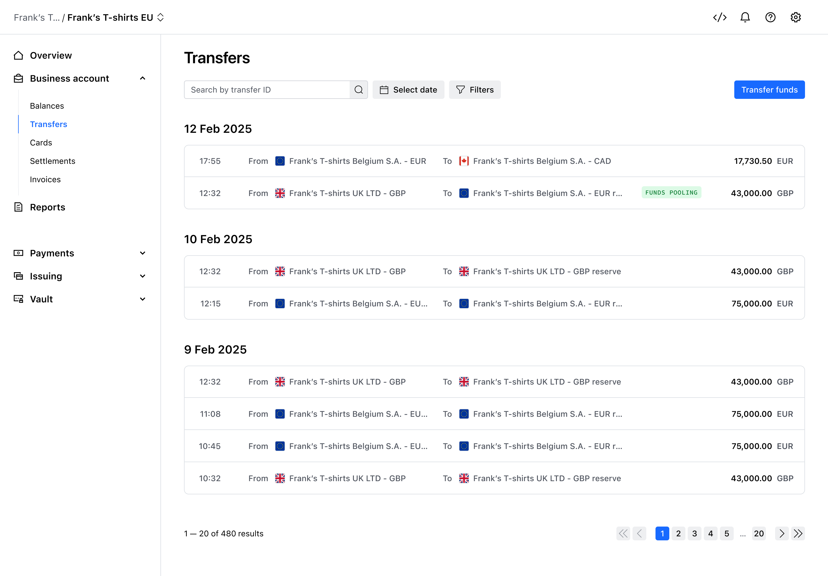 Transfers activity table showing funds pooling – Light mode