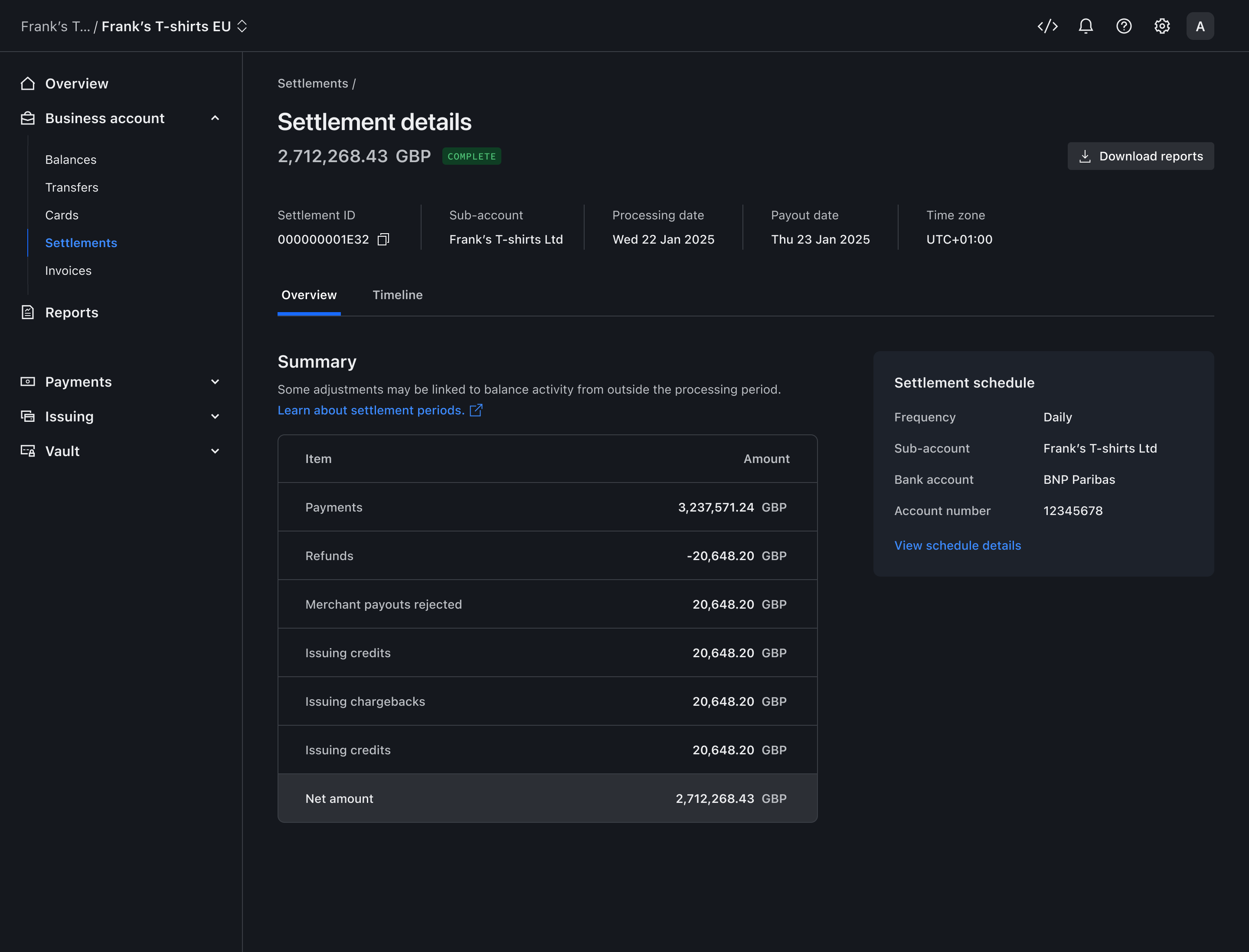 Settlement detail overview – Dark mode