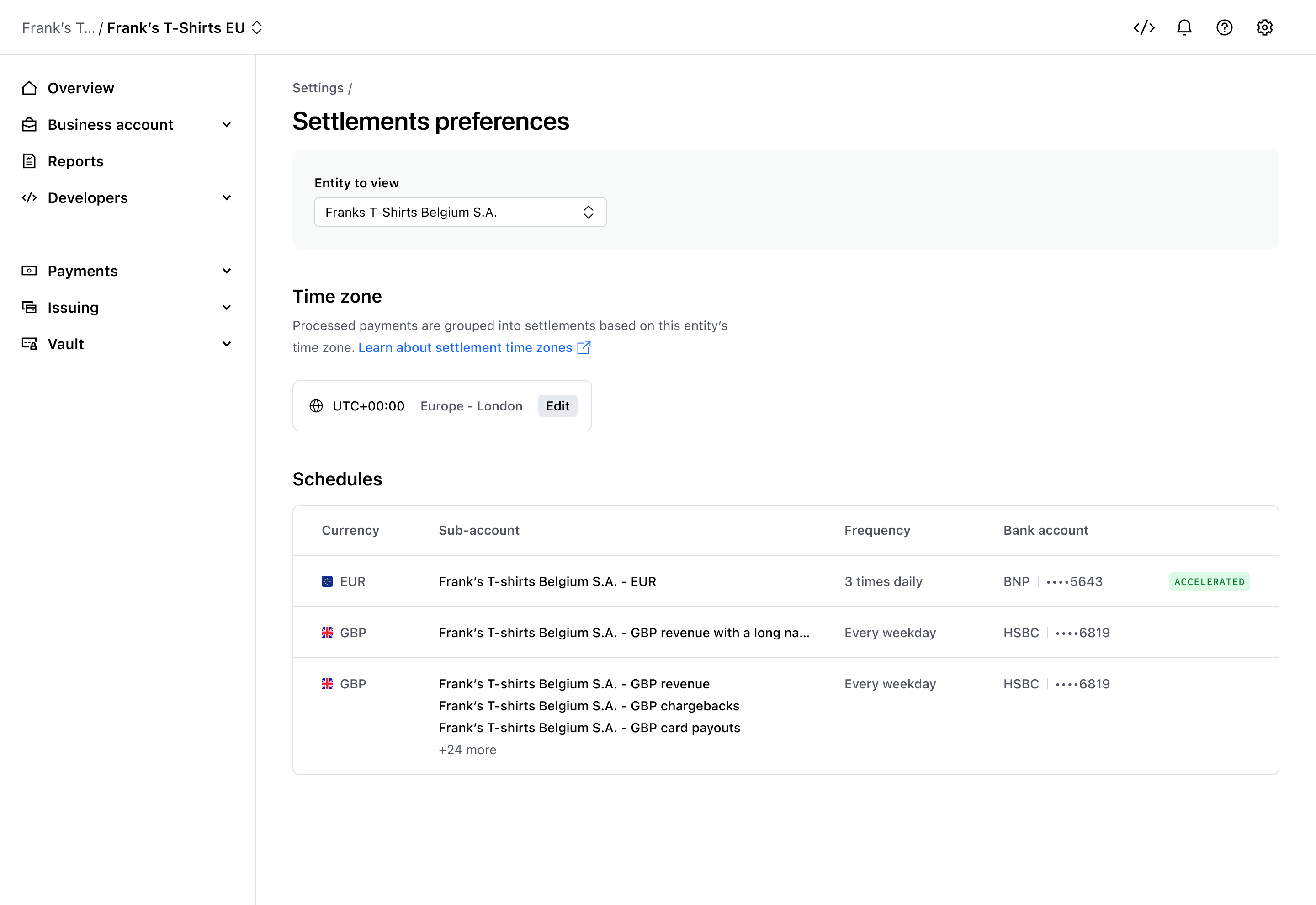 Settlement settings entity view – Light mode