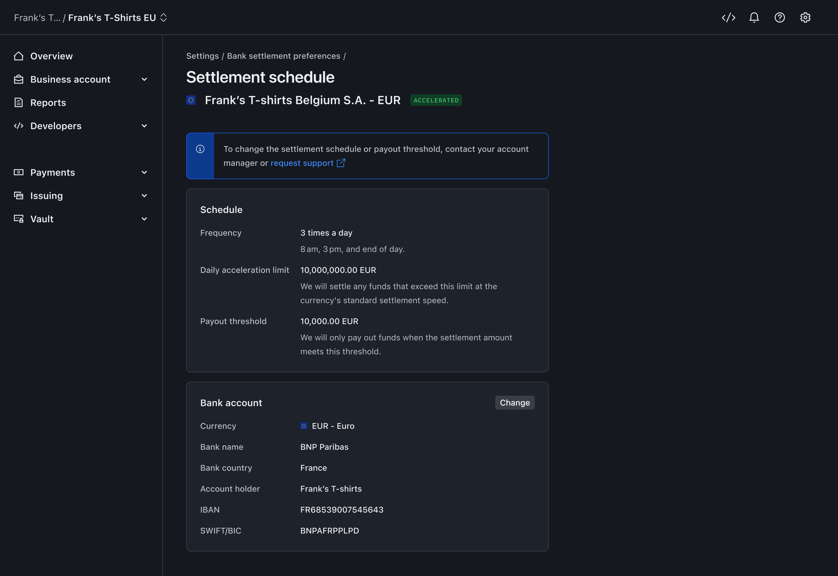 Settlement schedule view – Dark mode