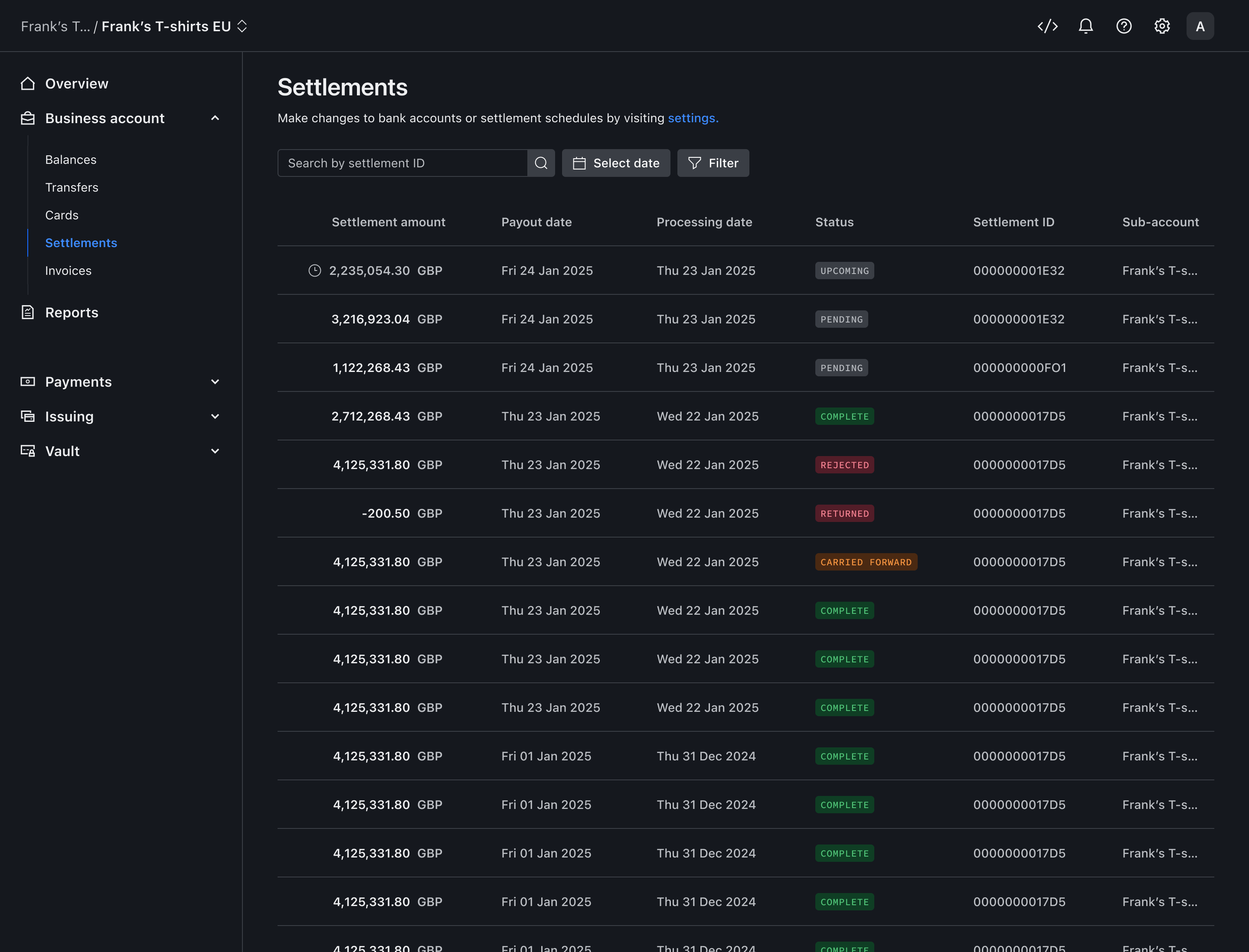 Settlements list – Dark mode