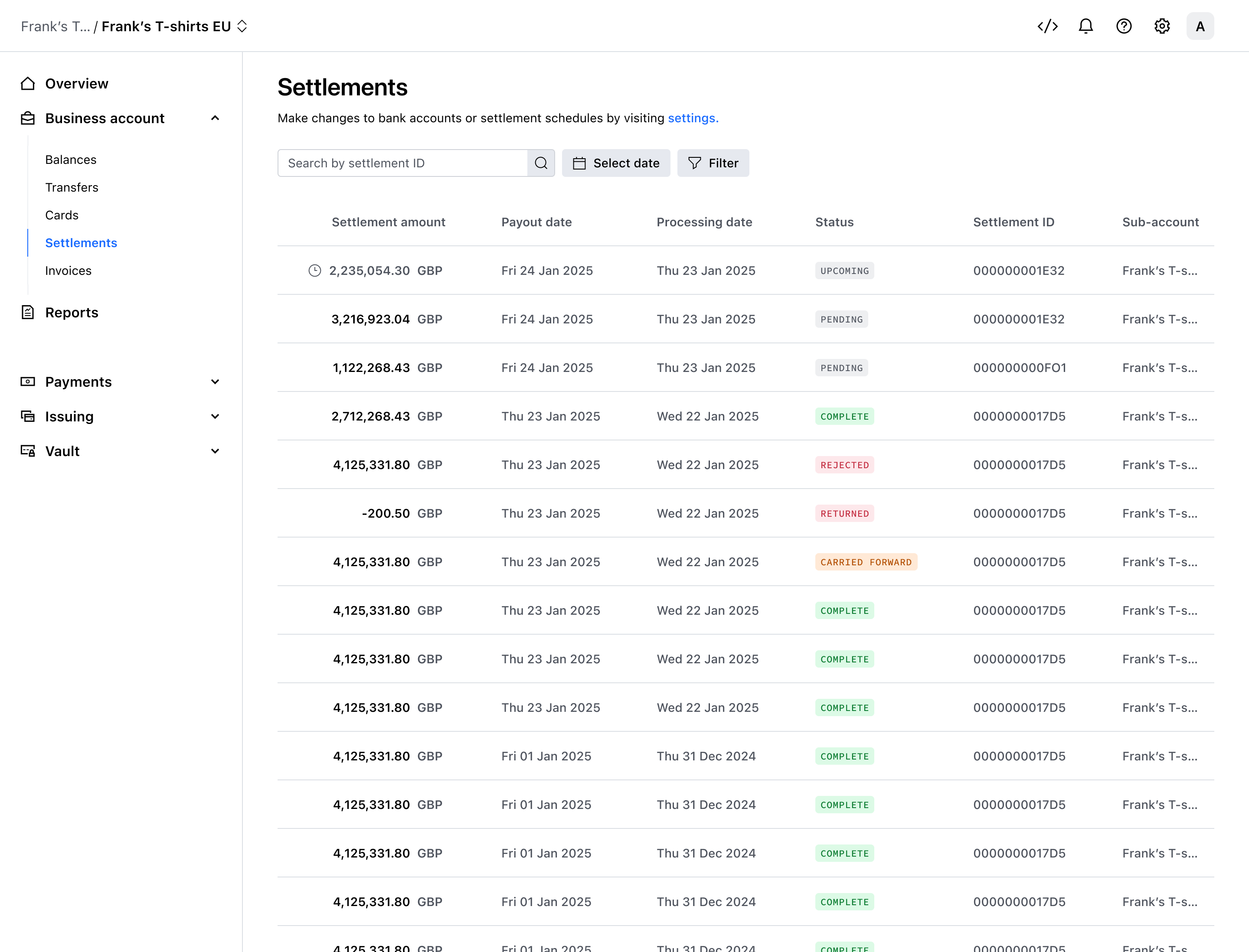 Settlements list – Light mode