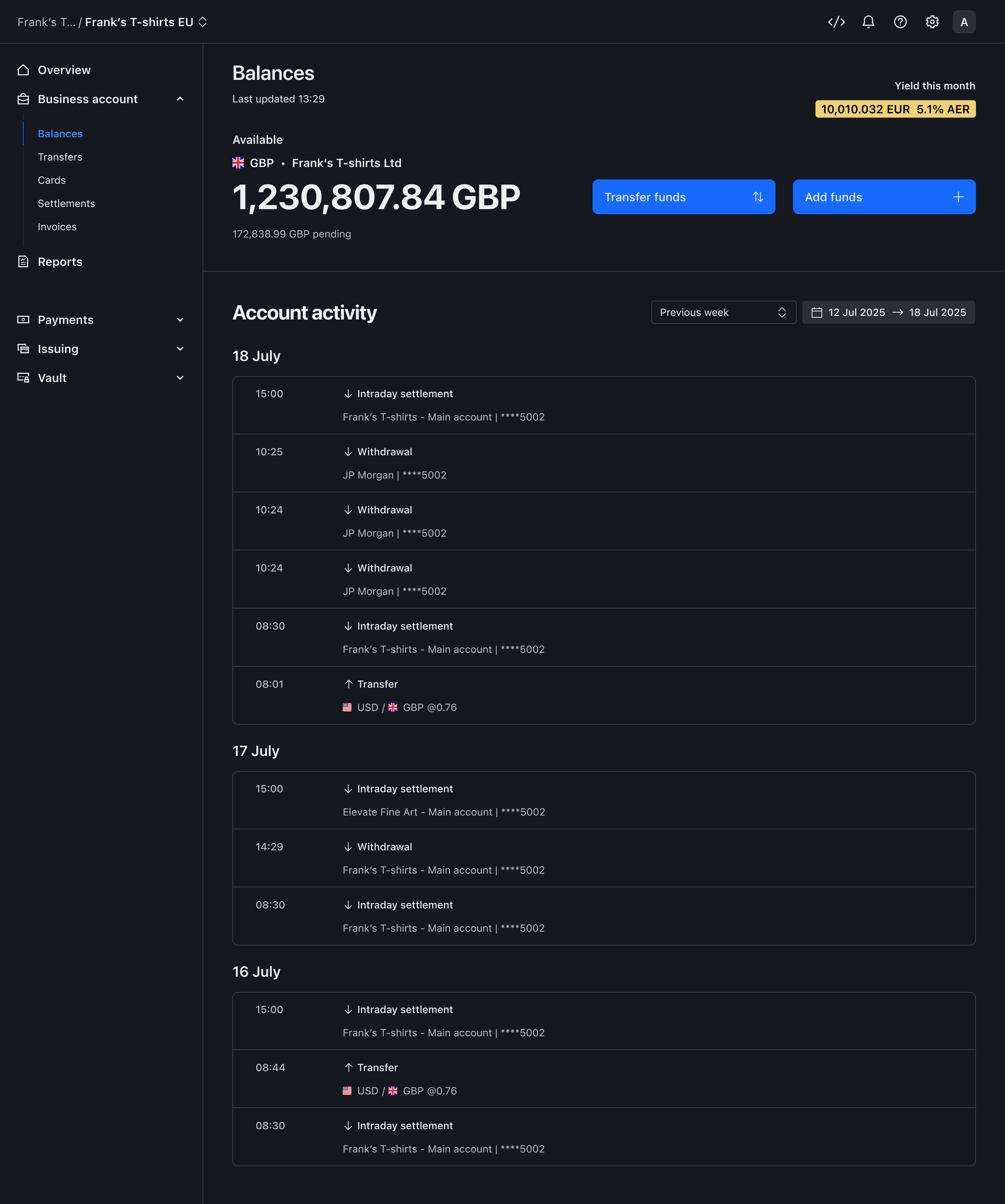 Sub-account activity view – Dark mode