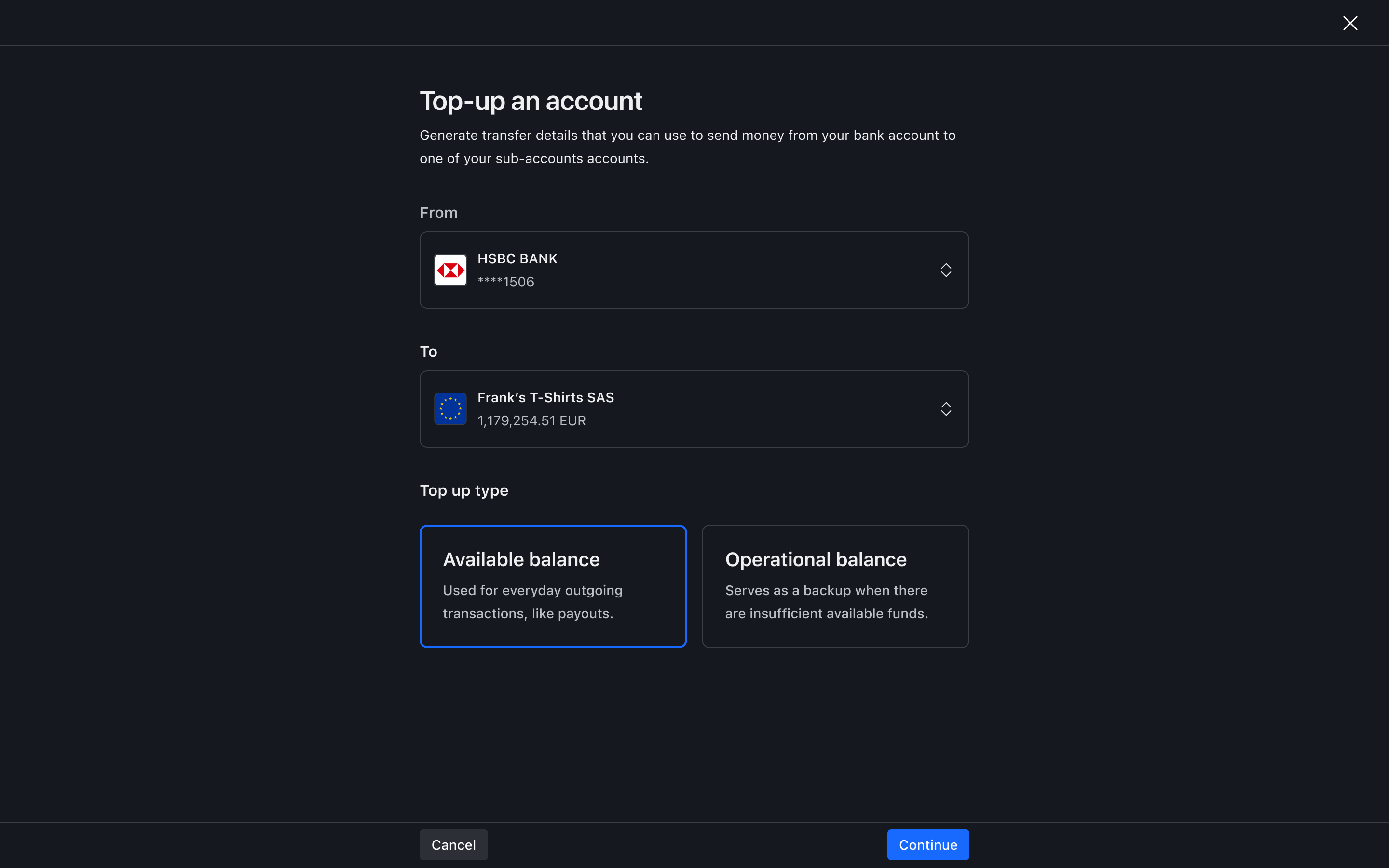 Top-up flow step 1 – Dark mode