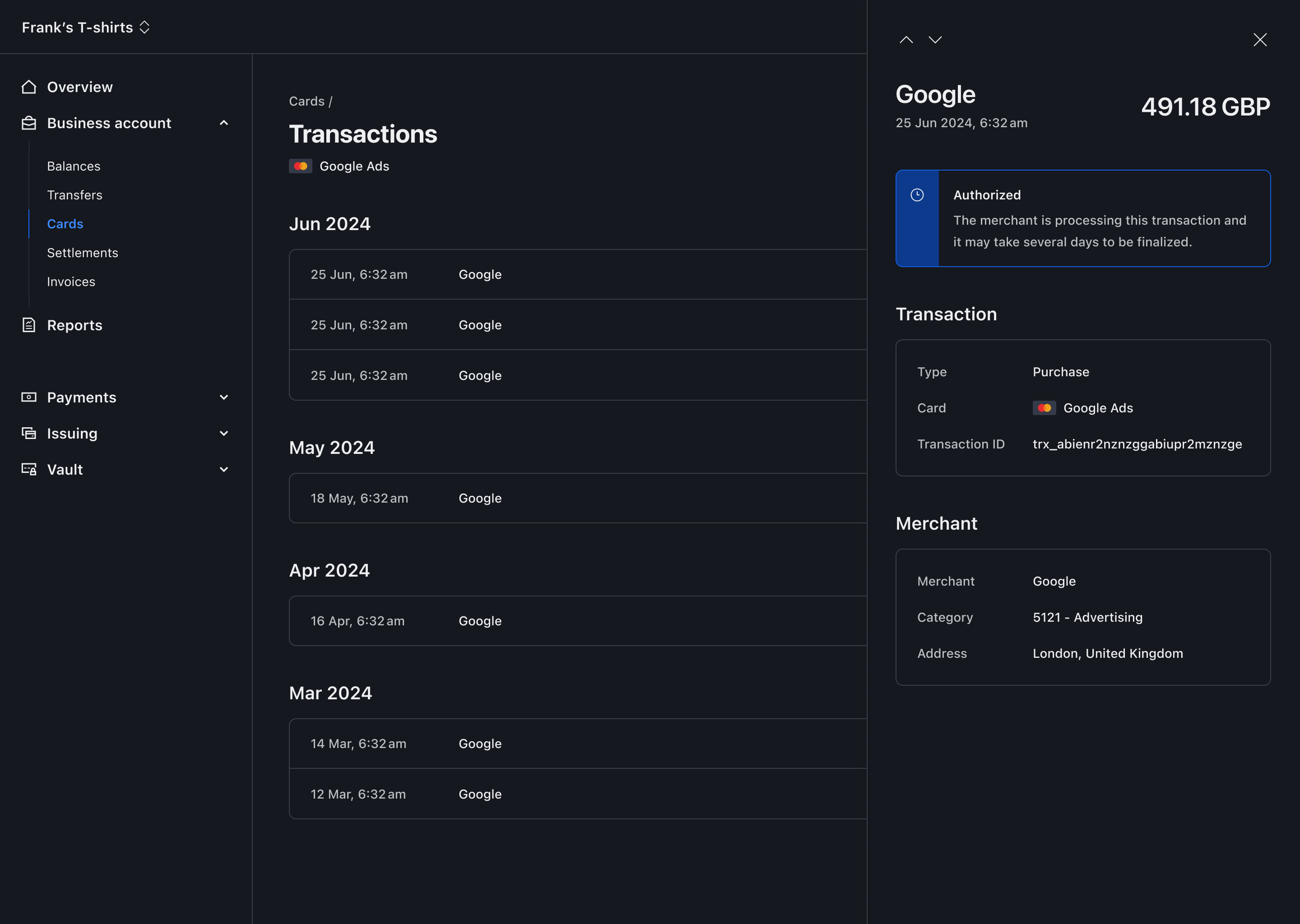 Transaction detail drawer – Dark mode