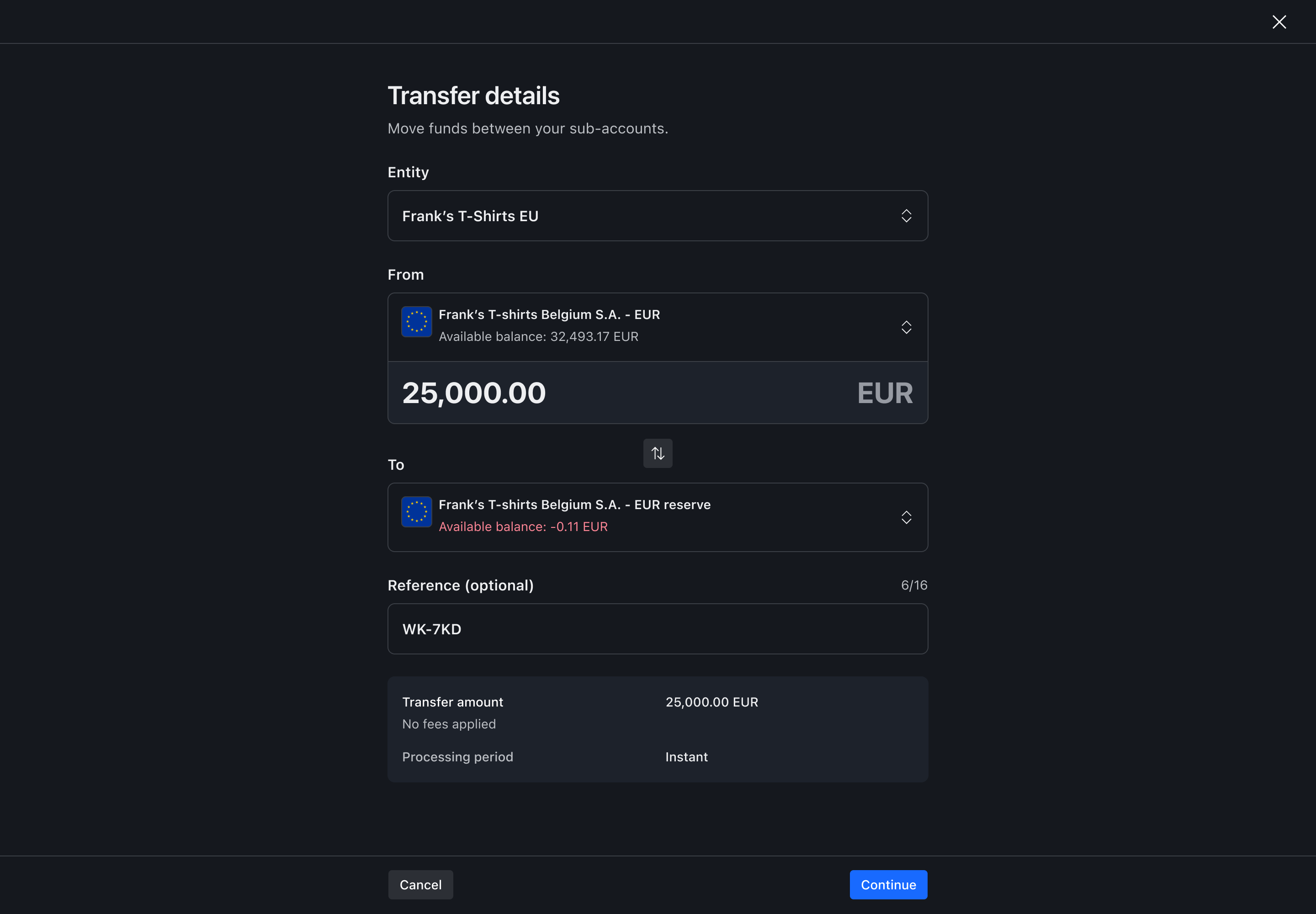 Transfer flow step 5 – Reference entered – Dark mode