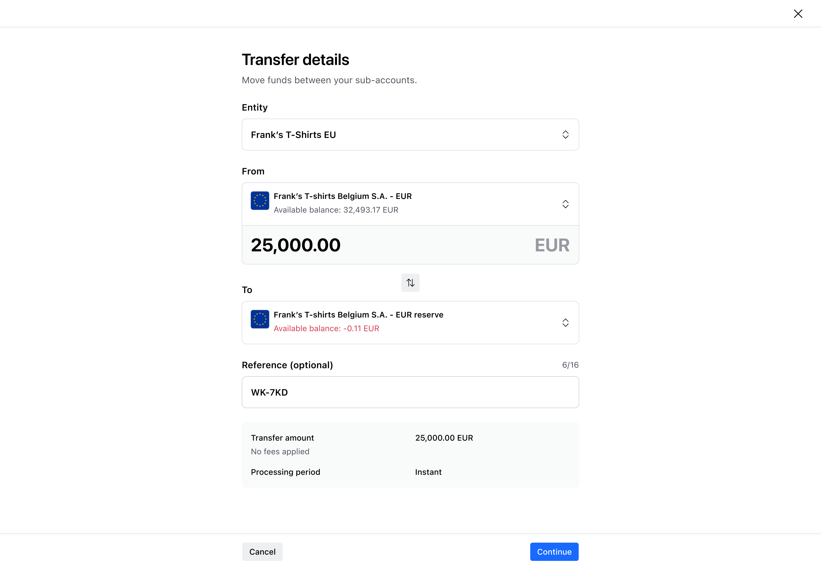 Transfer flow step 5 – Reference entered – Light mode