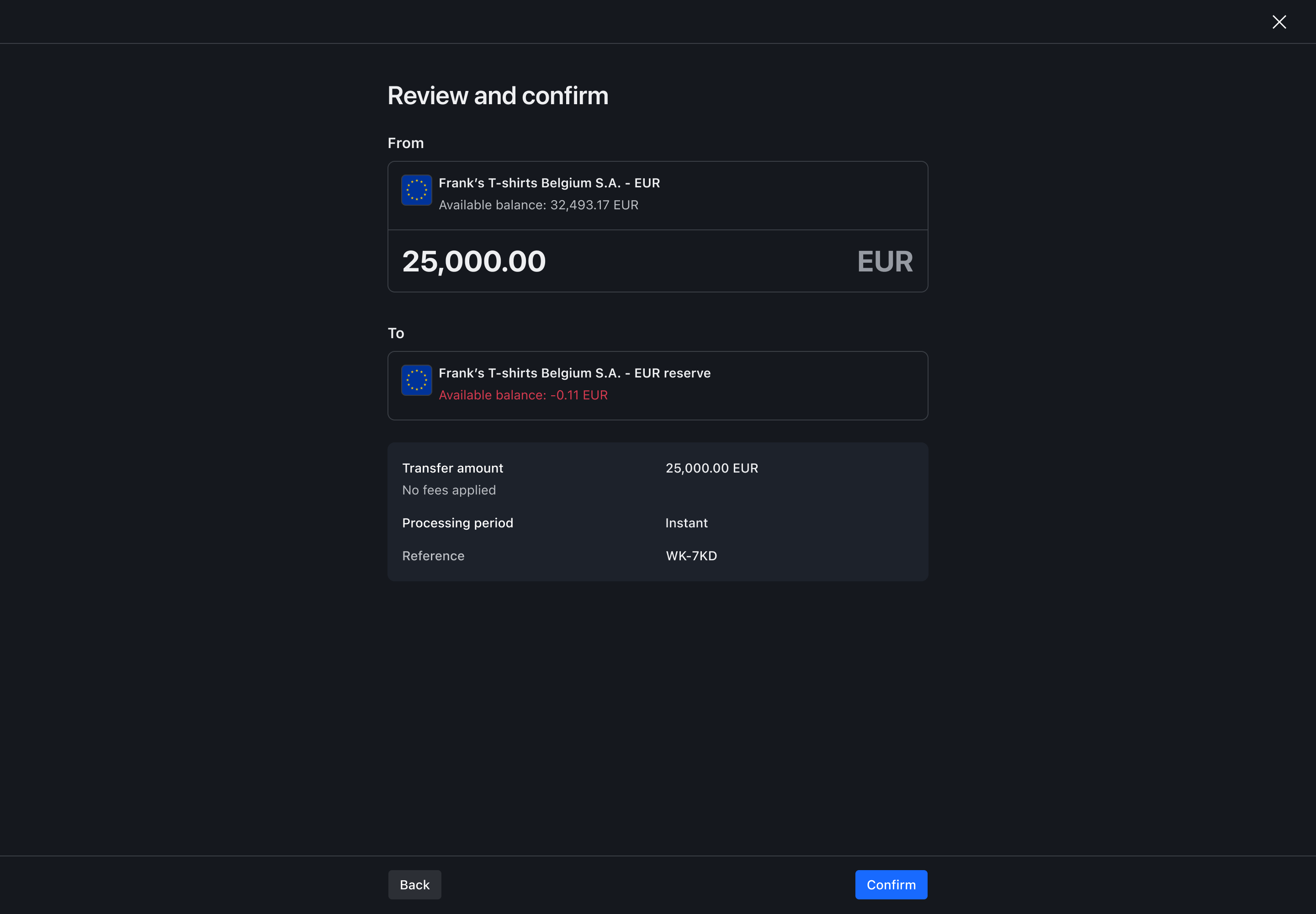 Transfer flow step 6 – Review – Dark mode