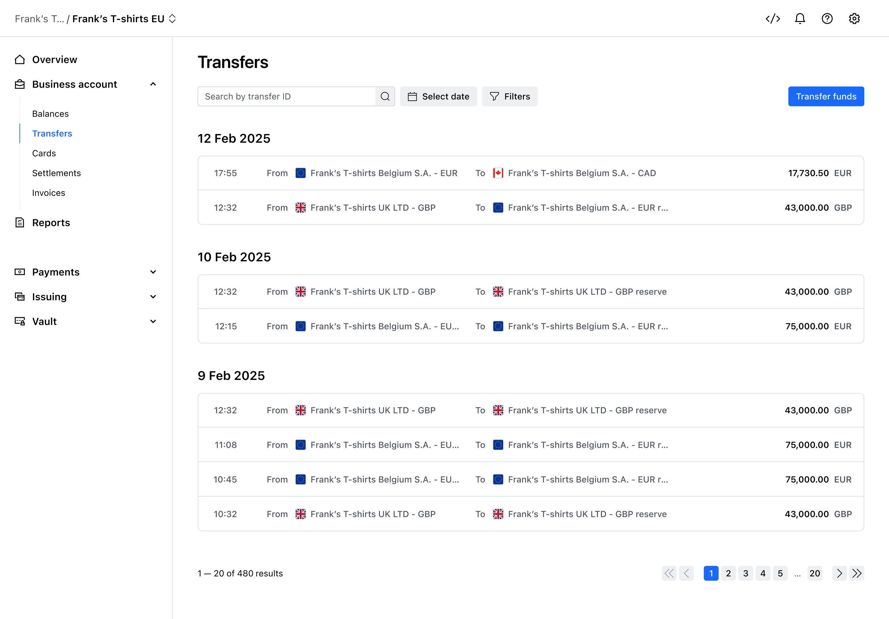 Transfer activity view – Light mode
