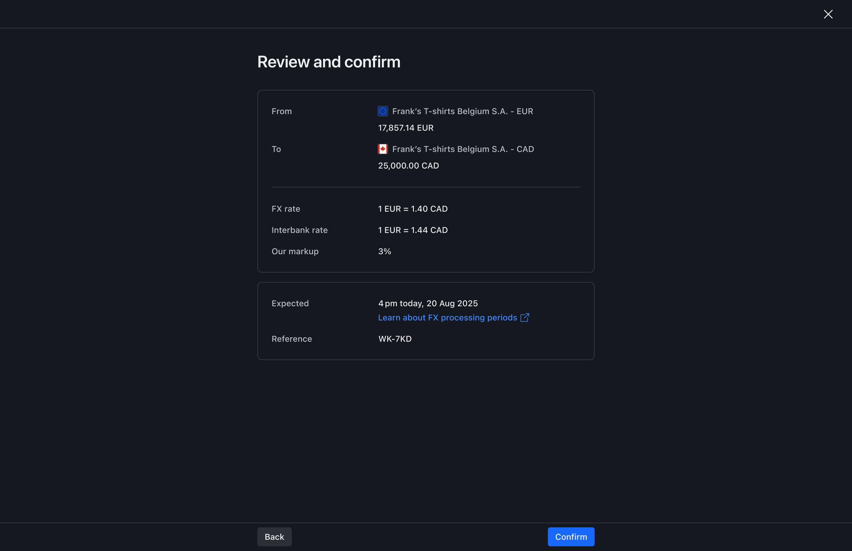 Transfer confirmation step – Dark mode