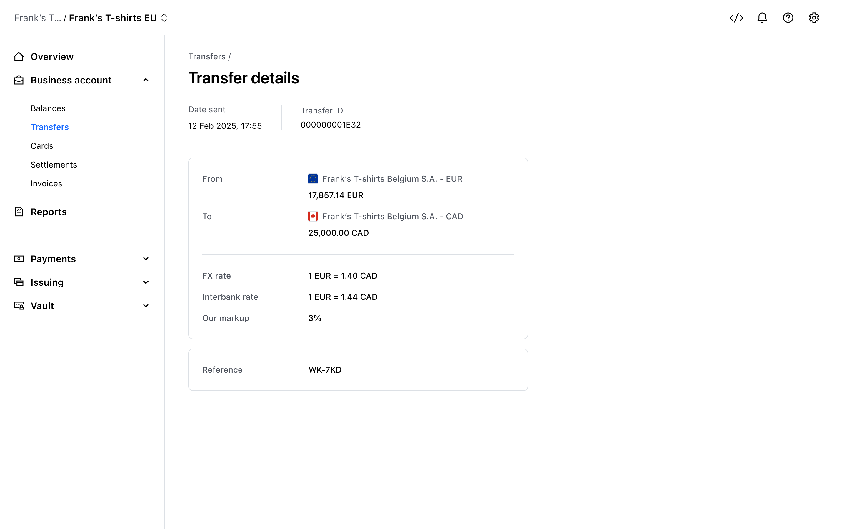 Transfer detail with FX rate – Light mode