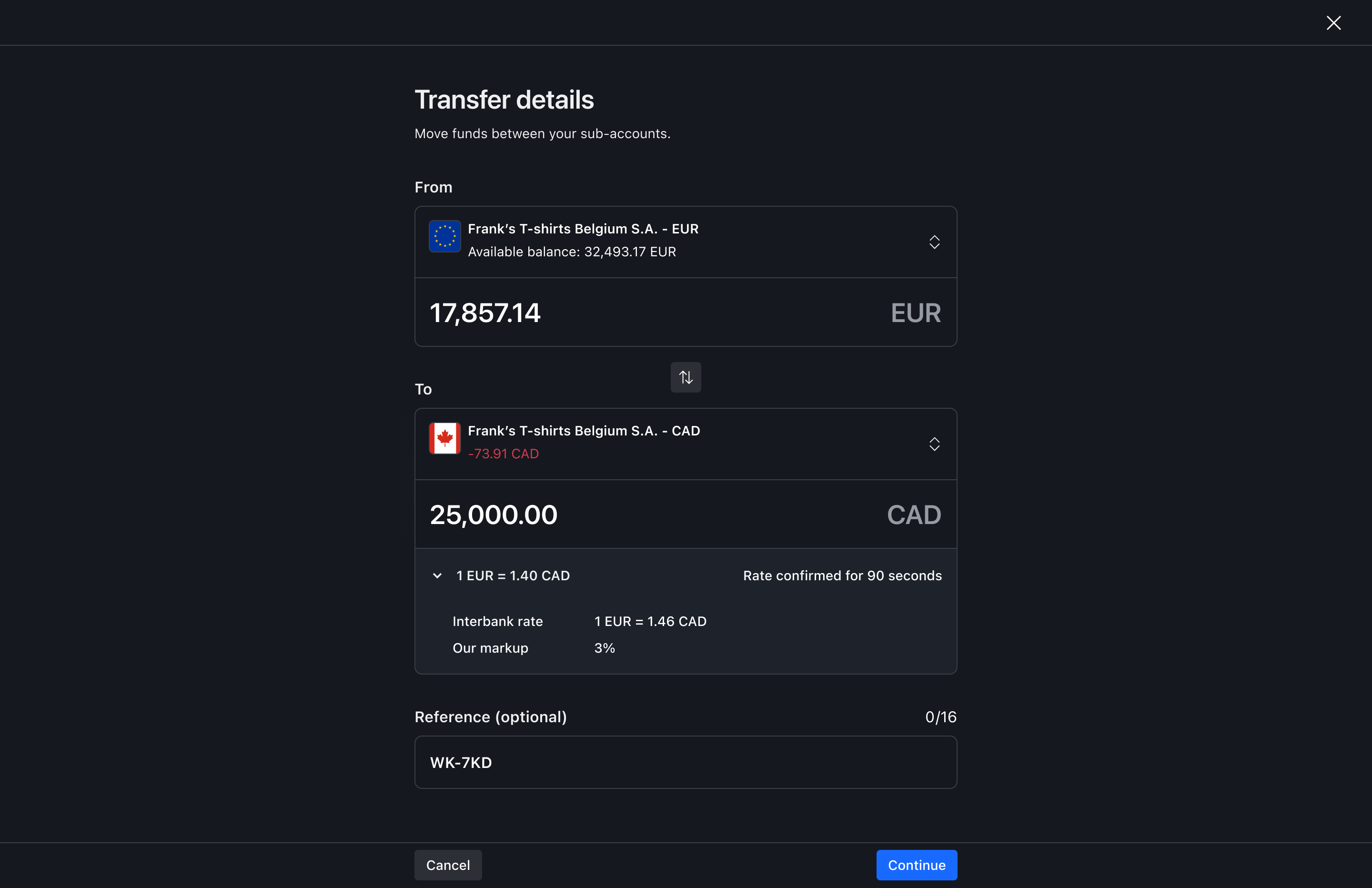 Cross-currency transfer FX rate details – Dark mode